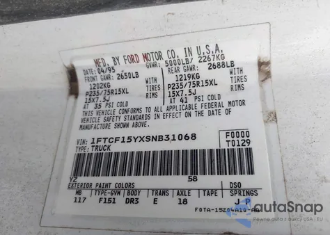 1995 Ford F150 z USA, uszkodzony, nr VIN 1FTCF15YXSNB31068